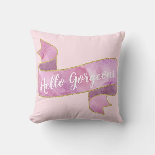 Girly Pretty Blush Pink Hello Gorgeous Gold Ribbon Throw Pillow