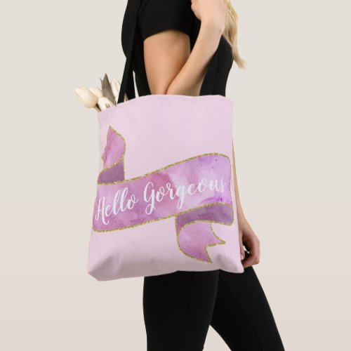 Girly Pretty Blush Pink Hello Gorgeous Gold Ribbon Tote Bag