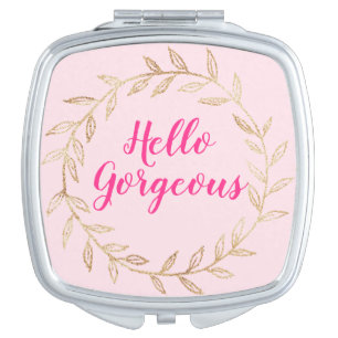 Girly Pretty Blush Pink Hello Gorgeous Gold Wreath Compact Mirror