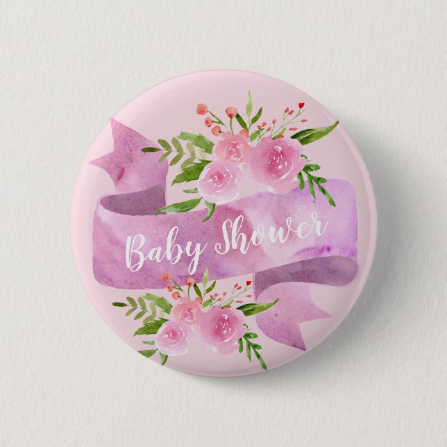 Girly, Pretty, Chic, Floral Blush Pink Baby Shower Button (Front)