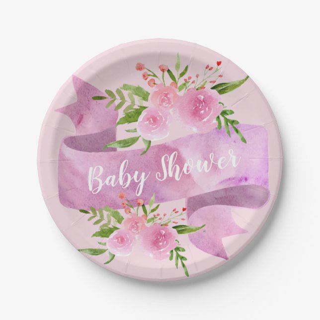 Girly, Pretty, Chic, Floral Blush Pink Baby Shower Paper Plates (Front)