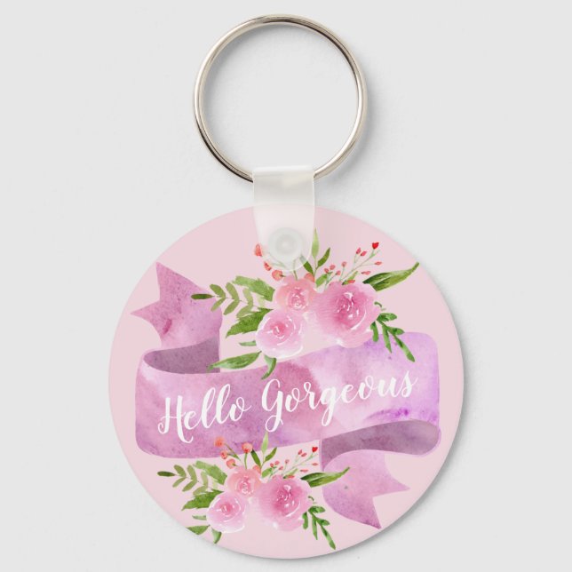 Girly Pretty Chic Floral Blush Pink Hello Gorgeous Keychain (Front)