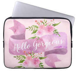 Girly Pretty Chic Floral Blush Pink Hello Gorgeous Laptop Sleeve
