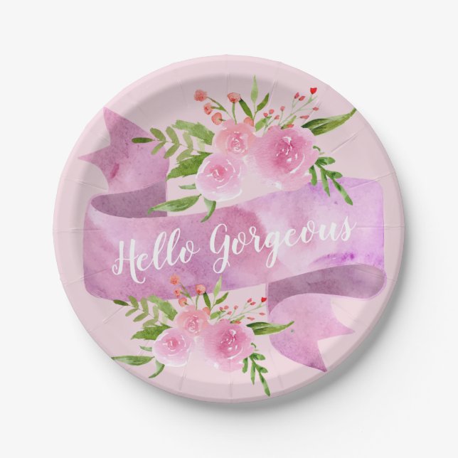 Girly Pretty Chic Floral Blush Pink Hello Gorgeous Paper Plates (Front)