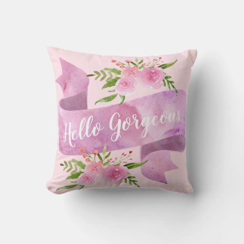 Girly Pretty Chic Floral Blush Pink Hello Gorgeous Throw Pillow