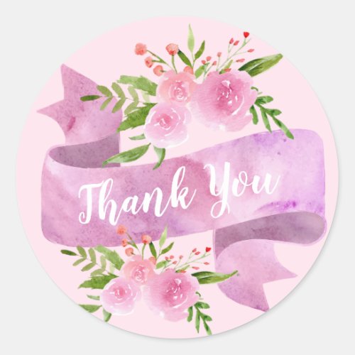 Girly Pretty Chic Floral Blush Pink Rose Thank You Classic Round Sticker
