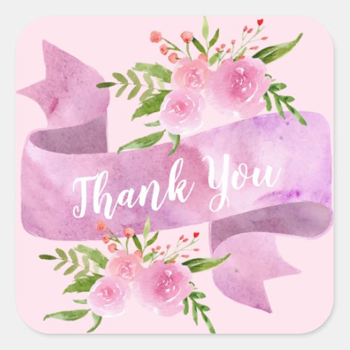 Girly Pretty Chic Floral Blush Pink Rose Thank You Square Sticker