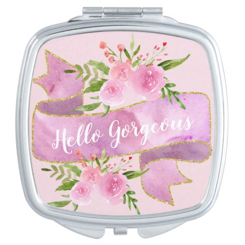 Girly Pretty Floral Blush Pink Hello Gorgeous Gold Compact Mirror