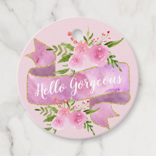 Girly Pretty Floral Blush Pink Hello Gorgeous Gold Favor Tags