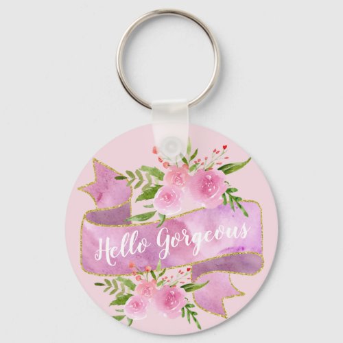 Girly Pretty Floral Blush Pink Hello Gorgeous Gold Keychain