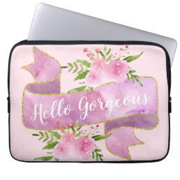 Girly Pretty Floral Blush Pink Hello Gorgeous Gold Laptop Sleeve
