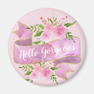 Girly Pretty Floral Blush Pink Hello Gorgeous Gold Magnet