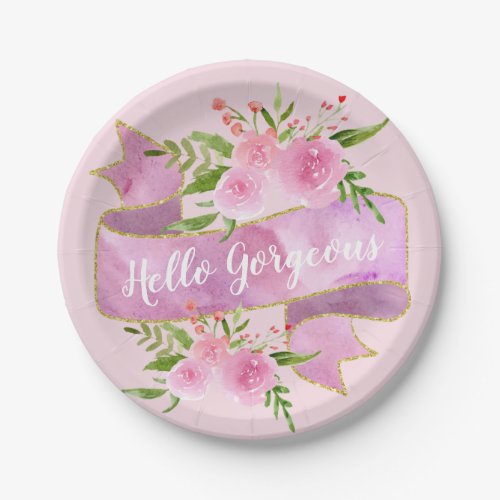 Girly Pretty Floral Blush Pink Hello Gorgeous Gold Paper Plates