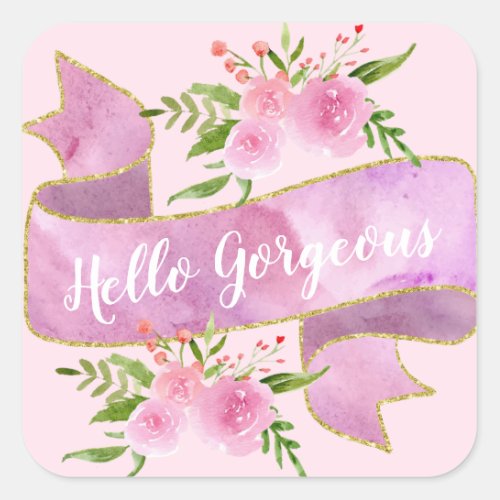 Girly Pretty Floral Blush Pink Hello Gorgeous Gold Square Sticker