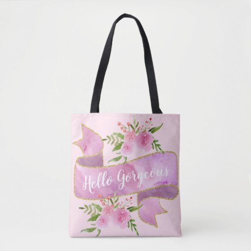 Girly Pretty Floral Blush Pink Hello Gorgeous Gold Tote Bag