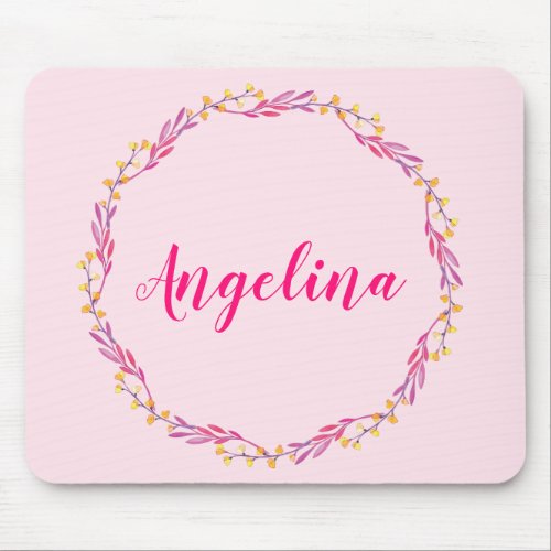 Girly Pretty Pink Floral Wreath Personalized Name Mouse Pad