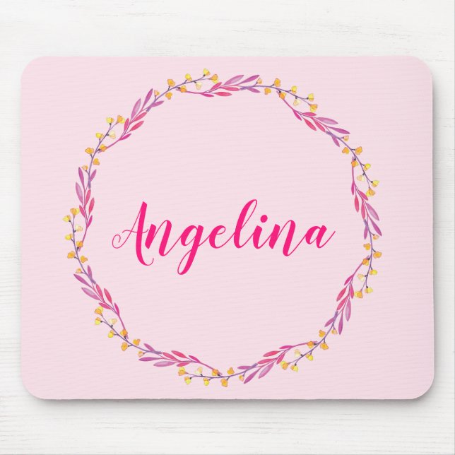 Girly Pretty Pink Floral Wreath Personalized Name Mouse Pad (Front)