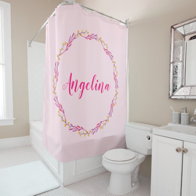 Girly Pretty Pink Floral Wreath Personalized Name Shower Curtain (In Situ)