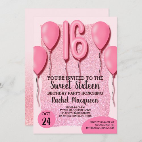 Girly Pretty Pink Glitter Balloons Sweet 16 Invitation