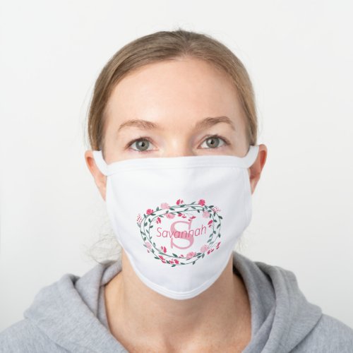 Girly Pretty Pink Petunia Your Name and Monogram White Cotton Face Mask