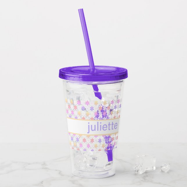 GIRLY PRETTY TINY FLOWER PRINT PURPLE DAISY CUSTOM ACRYLIC TUMBLER (Front Ice)