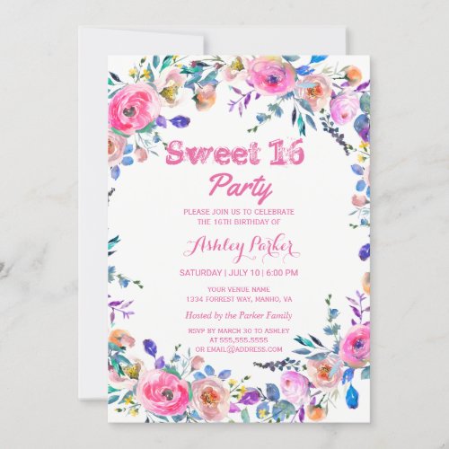 Girly Pretty Tropical Pink Flower Sweet 16 Invite