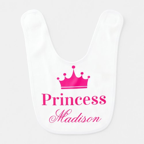 Girly Pretty White  Hot Pink Princess Crown Name Baby Bib