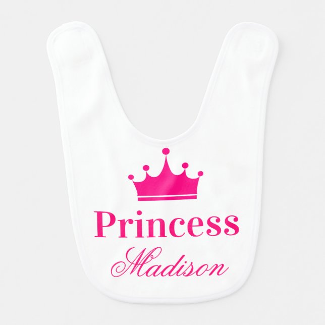 Girly Pretty White & Hot Pink Princess Crown Name Baby Bib (Front)
