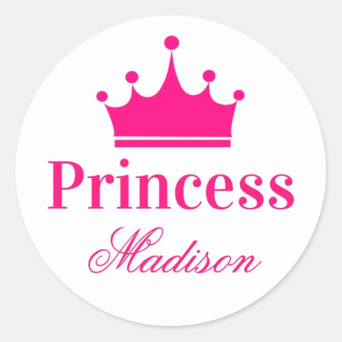 Girly Pretty White  Hot Pink Princess Crown Name Classic Round Sticker