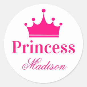 Girly Pretty White & Hot Pink Princess Crown Name Classic Round Sticker