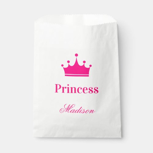 Girly Pretty White  Hot Pink Princess Crown Name Favor Bag