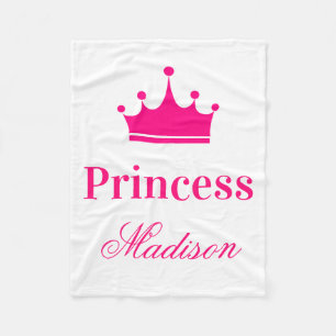 Girly Pretty White & Hot Pink Princess Crown Name Fleece Blanket