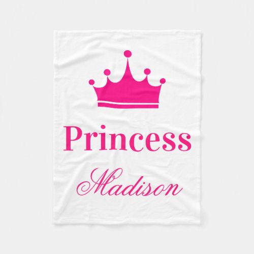 Girly Pretty White  Hot Pink Princess Crown Name Fleece Blanket