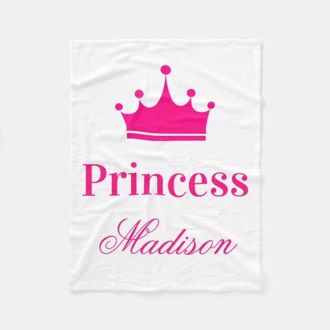 Girly Pretty White & Hot Pink Princess Crown Name Fleece Blanket (Front)