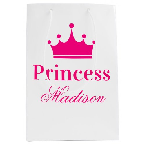 Girly Pretty White  Hot Pink Princess Crown Name Medium Gift Bag