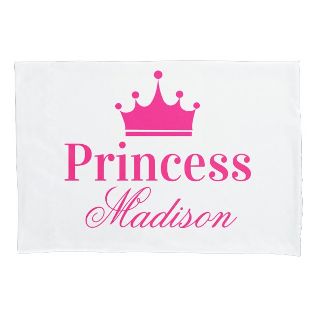 Girly Pretty White & Hot Pink Princess Crown Name Pillow Case (Front)