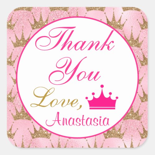 Girly Princess Hot Pink and Gold Glitter Thank You Square Sticker