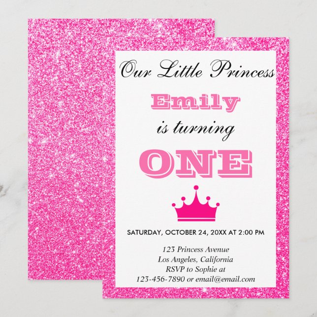 Girly Princess Hot Pink Glitter First Birthday One Invitation (Front/Back)