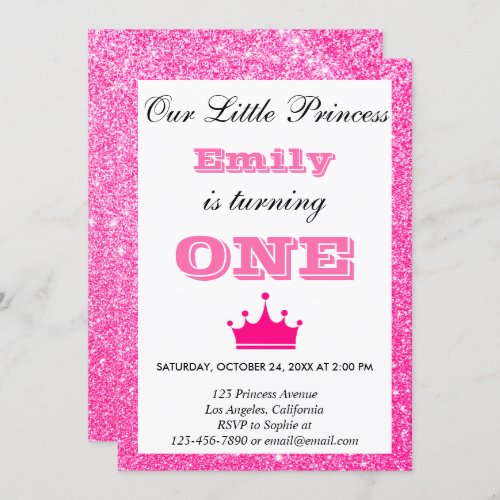 Girly Princess Hot Pink Glitter First Birthday One Invitation