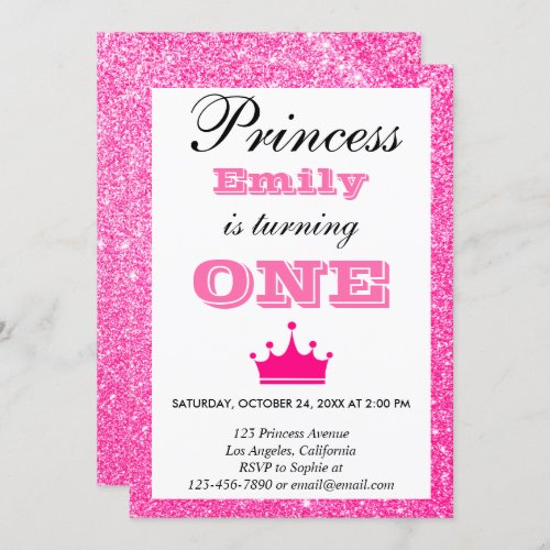 Girly Princess Hot Pink Glitter First Birthday One Invitation