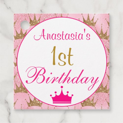 Girly Princess Hot Pink Gold Glitter 1st Birthday Favor Tags