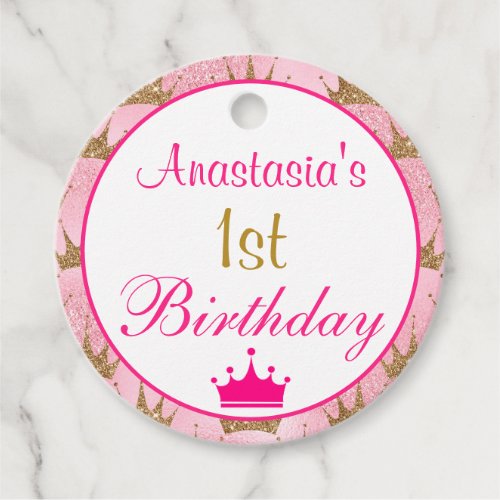 Girly Princess Hot Pink Gold Glitter 1st Birthday Favor Tags