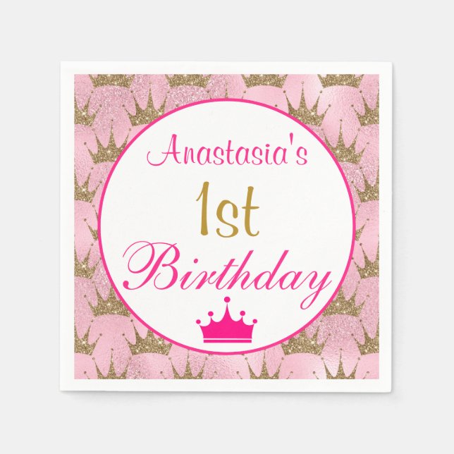 Girly Princess Hot Pink Gold Glitter 1st Birthday Napkins (Front)