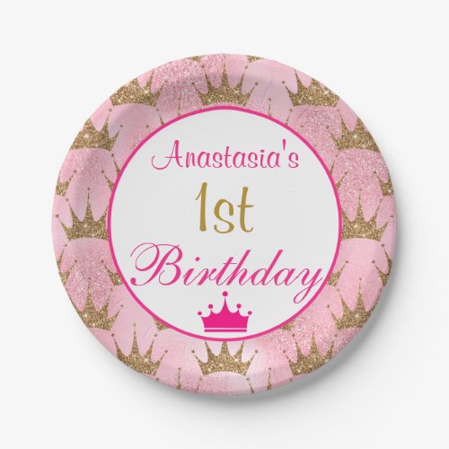 Girly Princess Hot Pink Gold Glitter 1st Birthday Paper Plates