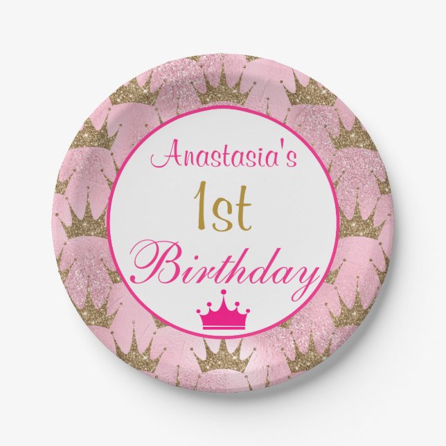 Girly Princess Hot Pink Gold Glitter 1st Birthday Paper Plates (Front)
