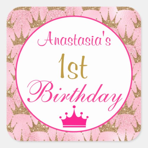 Girly Princess Hot Pink Gold Glitter 1st Birthday Square Sticker