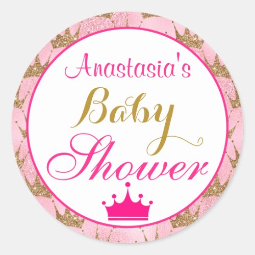 Girly Princess Hot Pink  Gold Glitter Baby Shower Classic Round Sticker