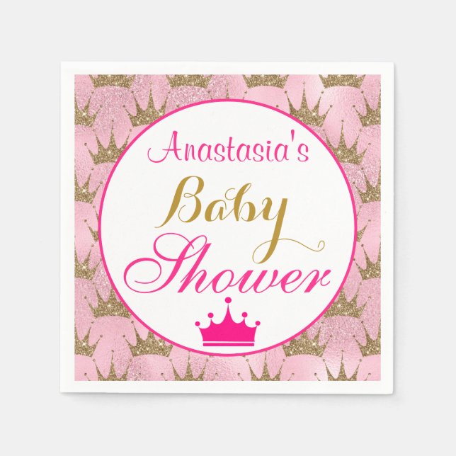 Girly Princess Hot Pink & Gold Glitter Baby Shower Napkins (Front)