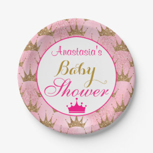 Girly Princess Hot Pink & Gold Glitter Baby Shower Paper Plates