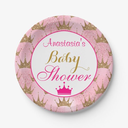 Girly Princess Hot Pink  Gold Glitter Baby Shower Paper Plates